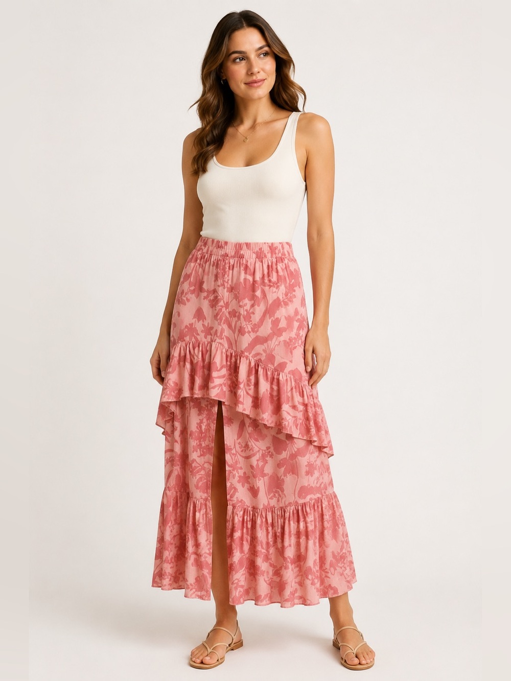 Pink Lily Pink Floral Tiered Ruffle Midi Maxi Skirt Size Medium